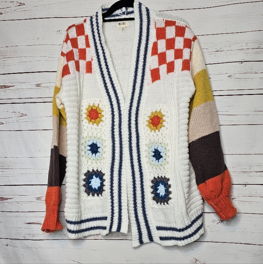 BiBi White Patchwork Sweater Cardigan with Multicolor Crochet Accents